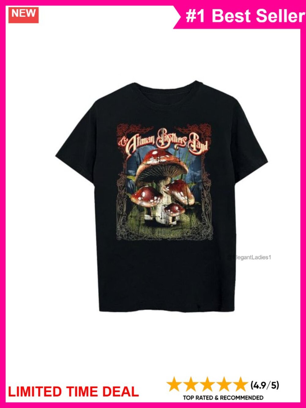 Allman Brothers Officially Licensed Mushroom Graphic Tee Crew Neck Short Sleeve